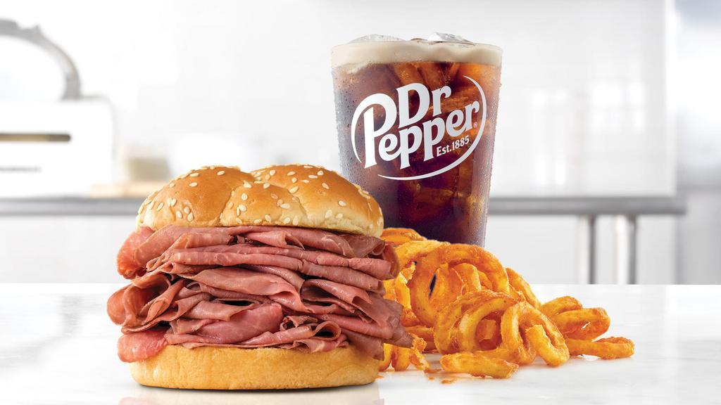 Double Roast Beef Meal · Two times the amount of signature roast beef than the Classic Roast Beef. Visit arbys.com for nutritional and allergen information.