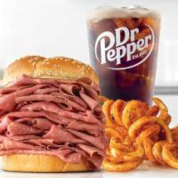 Half Pound Roast Beef Meal · A half pound of thinly sliced roast beef on a toasted sesame seed bun. Visit arbys.com for n...