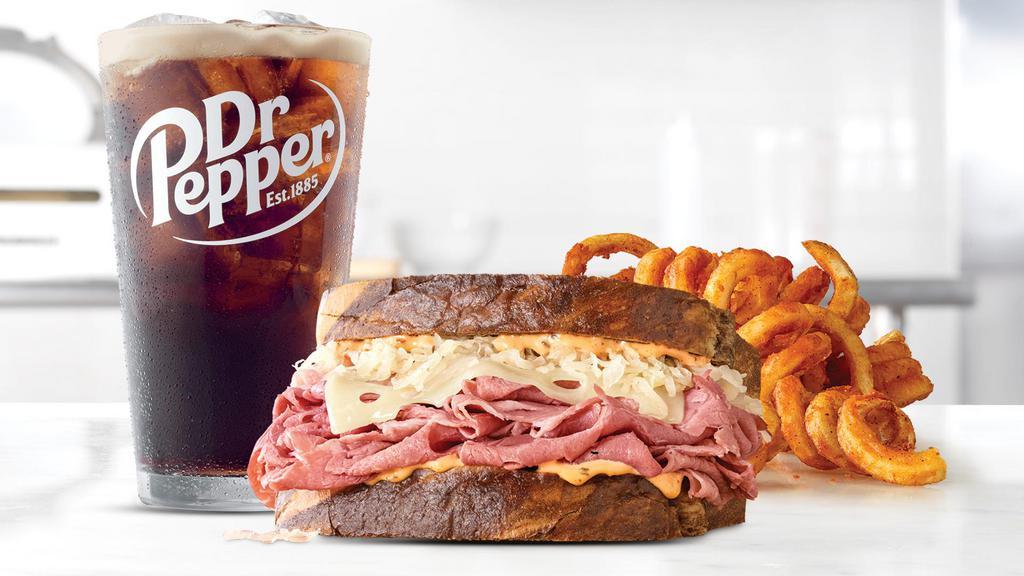 Reuben Meal · Freshly sliced corned beef with melted Swiss cheese, tangy sauerkraut and creamy Thousand Island dressing on toasted thick sliced marble rye bread. Visit arbys.com for nutritional and allergen information.