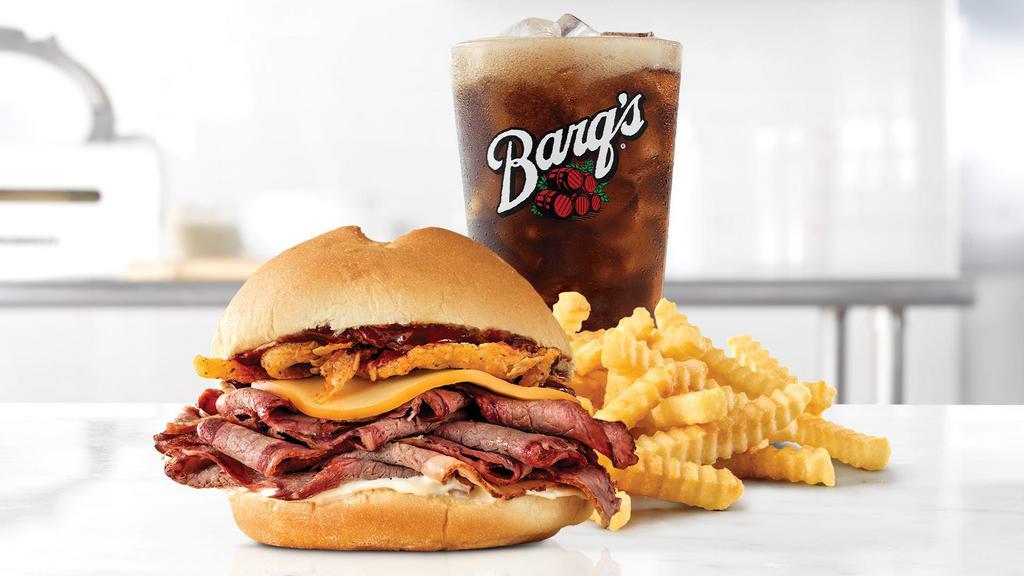 Smokehouse Brisket Meal · Sliced 13-hour smoked brisket with melted Gouda cheese, crispy onions, smoky BBQ sauce and mayonnaise on a toasted specialty roll.  Visit arbys.com for nutritional and allergen information.