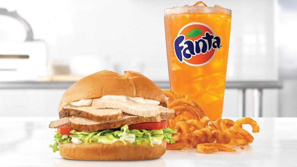 Roast Classic Chicken Sandwich Meal · Slow roasted chicken with lettuce, tomato and mayo on a toasted specialty bun. Visit arbys.com for nutritional and allergen information.