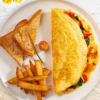Healthy Omelette · Tomato, avocado, onion, zucchini, bell pepper, and cheese. Served with your choice of side.