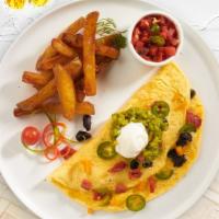 Chorizo Omelette · Onion, jalapeno, cheddar and Jack cheese. Served with your choice of side.