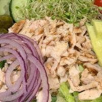 Grilled Chicken Salad · Fresh green salad with all the fixings topped with our delicious grilled chicken