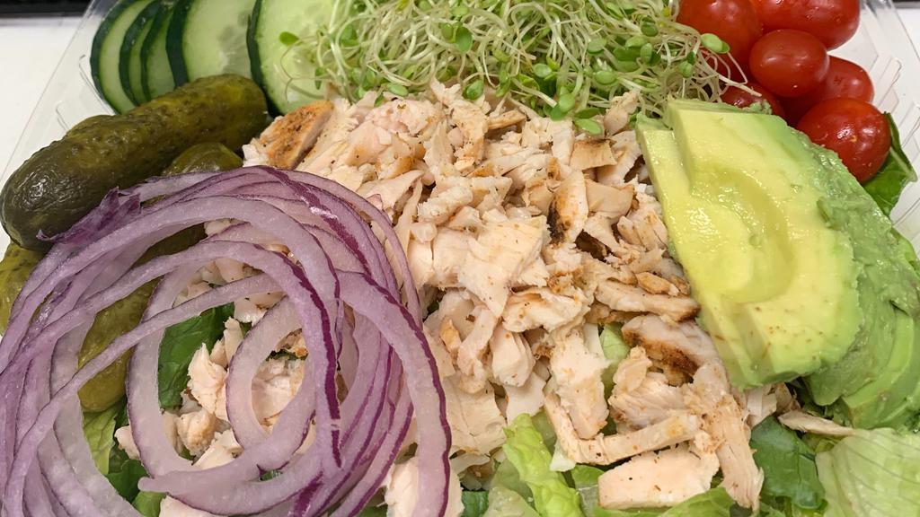 Grilled Chicken Salad · Fresh green salad with all the fixings topped with our delicious grilled chicken