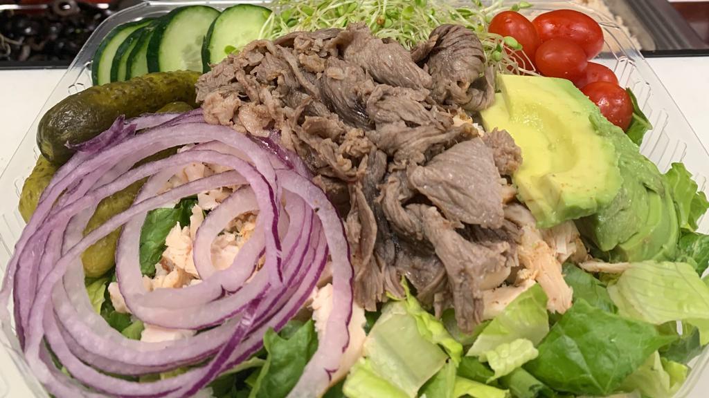 Grilled Tri Tip Salad · Fresh green salad topped with our seasoned grilled Tri Tip
