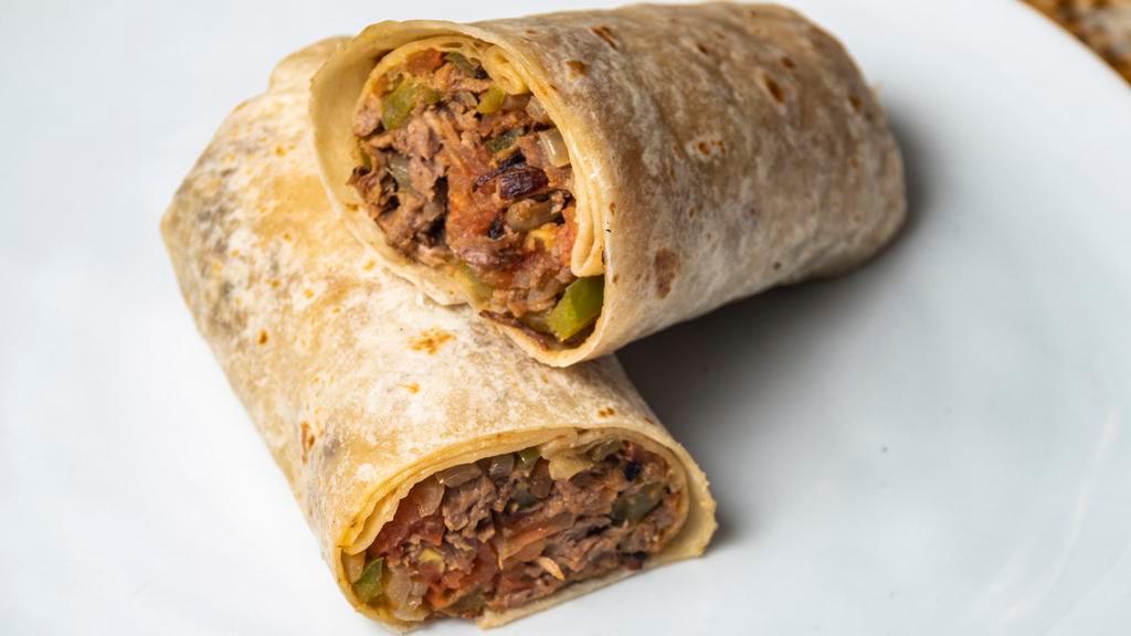 Super Burrito With Everything · Choice of meat, rice, beans, guacamole, sour cream, and cheese.