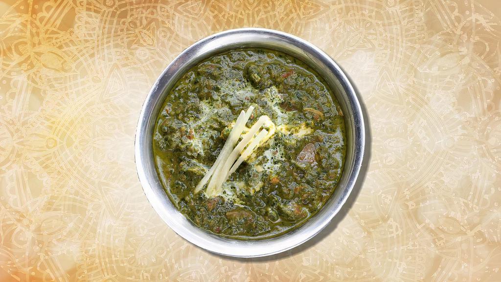 Spinach & Goat Curry  · Tender chunks of marinated goat, slow cooked in a thick onion, ginger, garlic and spinach curry serve with small portion of rice (8 oz)