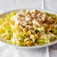 Caesar Chicken Salad · Romaine lettuce, grilled chicken, shredded parmesan and croutons, with creamy deluxe caesar ...