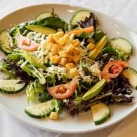 Green Salad · Mixed greens, spinach, tomato, cucumber, avocado, mushrooms, shredded mozzarella and crouton...