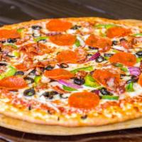 The Works Pizza · Pepperoni, bacon, bell pepper, black olives, onion, pizza sauce, mozzarella cheese.