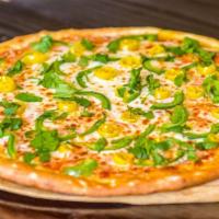 Peppers Pizza · Banana peppers, bell peppers, cilantro mozzarella cheese.