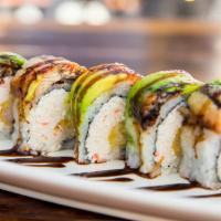 Dragon Roll · In: Shrimp tempura, krab and cucumber
Top: Freshwater eel, avocado and eel sauce