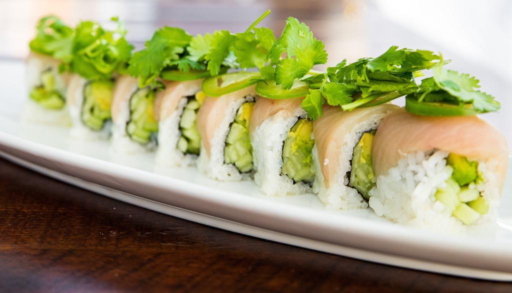 Carlsbad Roll · In: Cucumber and avocado
Top: Yellowtail, jalapeno, cilantro and ponzu