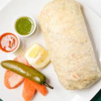Veggie Burrito · No Meat Burrito, Rice, Beans, Lettuce, Tomato, Onions, Cilantro, Salsa, Guacamole