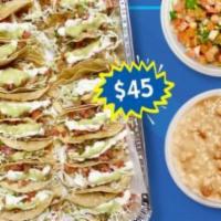Baja Fish Taco Combo Value Meal · Serves six people. 10 baja fish tacos served with beans, pico de gallo or rice, red salsa, g...