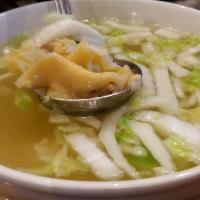 Wonton Soup - Large · Pork wonton in a clear broth with Napa cabbage. Contains: egg and flour.