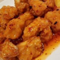 Orange Chicken · Favorite, hot & spicy. White meat chicken battered and fried then sauteed in a fresh squeeze...