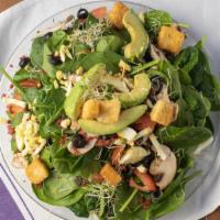 Spinach Salad · Spinach, tomatoes, mushrooms, black olives, bacon bits, olives, alfalfa sprouts, eggs, avoca...