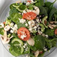 Greek Salad · Romain  lettuce, mushrooms, tomatoes, cucumbers, red onions, olives and feta cheese, tossed ...