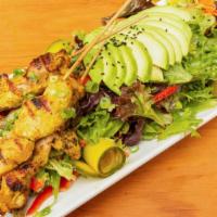 Spicy Thai Satay Salad · Hot and spicy. Thai-marinated steak or chicken thighs, spicy house-roasted
peanut sauce, avo...