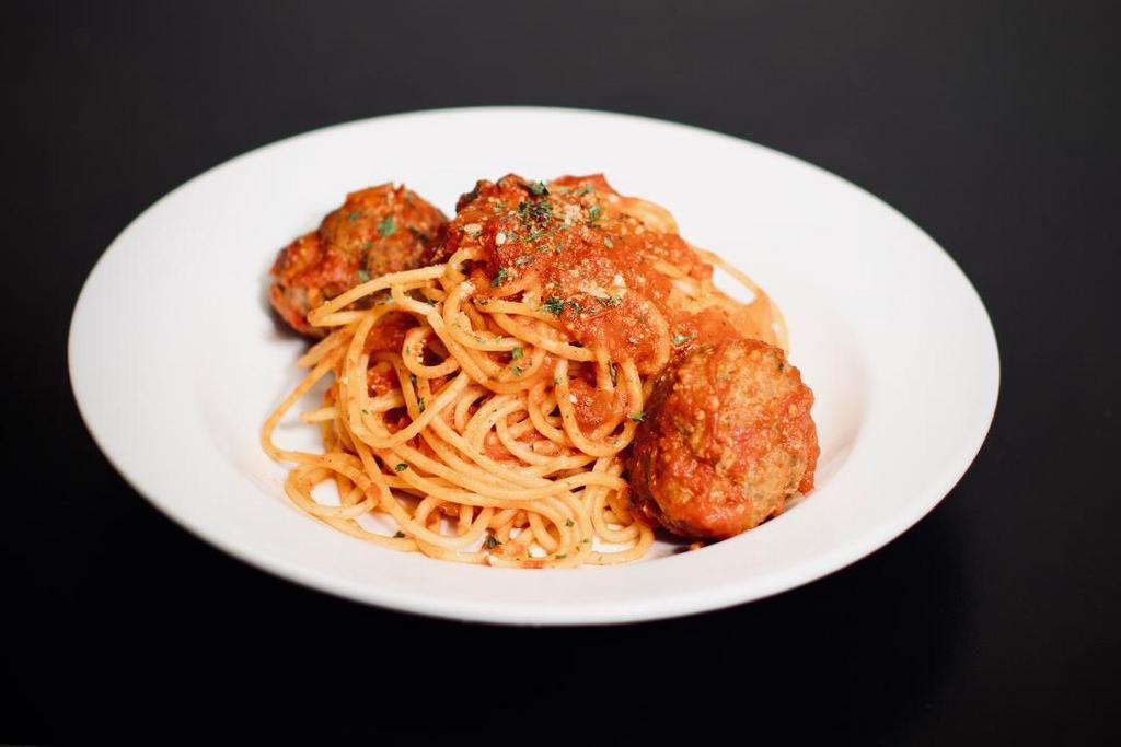 Spaghetti Meatballs · Homemade 100% beef meatballs, homemade marinara sauce, grated parmesan, spaghetti,