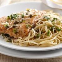 Chicken Picatta · 2pcs chicken cutlet, capers, garlic, white wine lemon sauce, parsley. spaghetti
