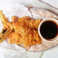 Mixed Tempura · Served with miso soup salad white rice and one side.