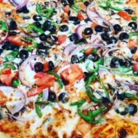 Large Vegetarian Pizza · Mozzarella cheese, mushrooms, bell peppers, red onion, fresh tomatoes and black olives. Topp...
