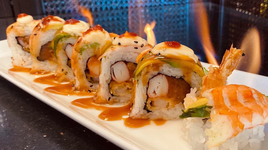 Love Fire (Roll On Fire) · Flaming roll in: shrimp tempura, spicy tuna, crab out: shrimp, avocado, teriyaki, Japanese mayo, hot sauce.
