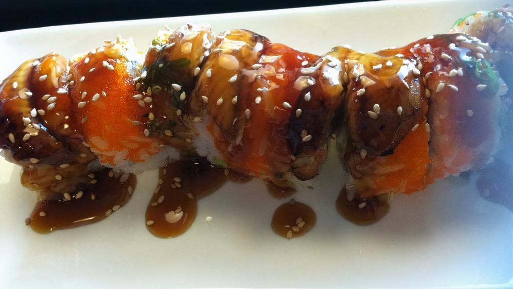 Tiger'S Tail Roll · In: calamari tempura roll out: fresh water eel, green onion, masago & teriyaki sauce.