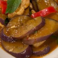 Eggplant · With chili sauce, sweet basil and pine nuts.