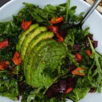 Kale And Beats Salad · Kale, baby arugula, roasted red bell peppers, avocado, lemon with garlic infused olive oil d...