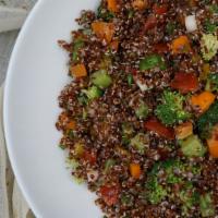 Red Quinoa Salad · Red quinoa, yellow and orange bell peppers,green onion,radish,broccoli,persian cucumber,cher...