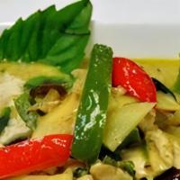Green Curry · Green curry paste, bamboo shoot, green bean, bell pepper, carrot, basil, and coconut milk