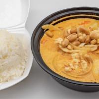 Massaman Curry · Massaman curry cooked with potatoes, onions, and carrots with crushed peanuts.