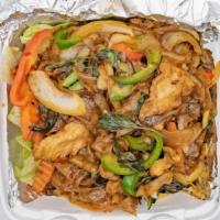 Drunken Noodles · Flat rice noodles cooked with bell peppers, carrots, and onions in spicy basil sauce.