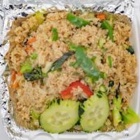 Spicy Basil Fried Rice · Spicy. Stir-fried rice with egg, onions, bell peppers, carrots, and basil.