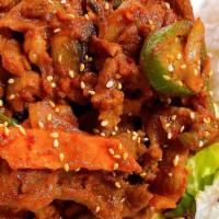 Spicy Pork · Spicy pork with rice and salad