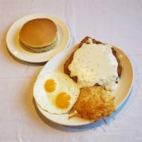 Crispy Country Fried Steak And Egg · Golden-Battered Beef Steak in Country Gravy. Served with 2 Eggs,  Hash Brown Potatoes , and ...