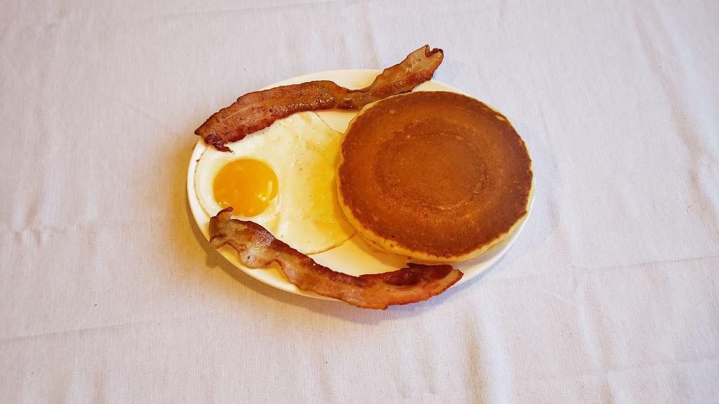 Senior/ Child Hot Cakes Combo Breakfast  · 1 Egg, 2 Strips of Bacon or Sausage and Hot Cakes