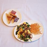 Senior Scramble ( Sr. Mix) · Ham, bacon, or sausage with cheese, mushrooms, bell pepper and spinach in scrambled eggs wit...