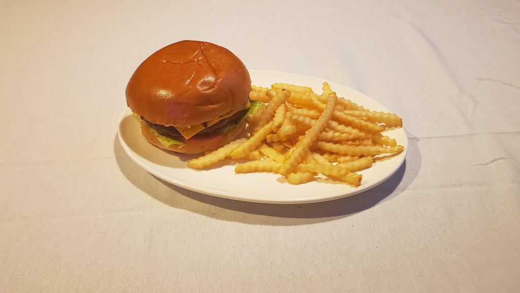 Cheeseburger · 6 oz. Ground Beef Patty, with American Cheese, lettuce, tomato, pickles, and Thousand Island Sauce.