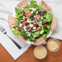 Mediterranean Spinach Salad · Baby spinach and mixed greens, feta cheese, red onions, kalamata olives, tomato, and cucumbe...