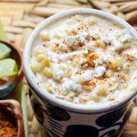 Esquites · Fresh corn, mayonnaise, cotija cheese, butter chili powder and lime.