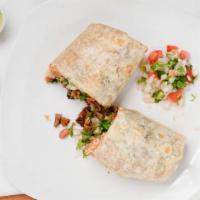 Burritos · Large flower tortilla wrapped in your choice of meat, beans, rice, union and cilantro.