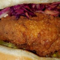 Nashville Hot Chick Sando · 100% Plant Based Fried Chick'n sandwich served with our homemade coleslaw, pickles, secret s...