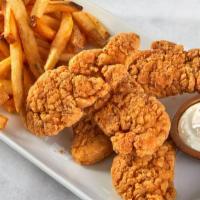 Chicken Tenders · 5 chicken tenders tossed in your choice of sauce with fries on the side and choice of drink.