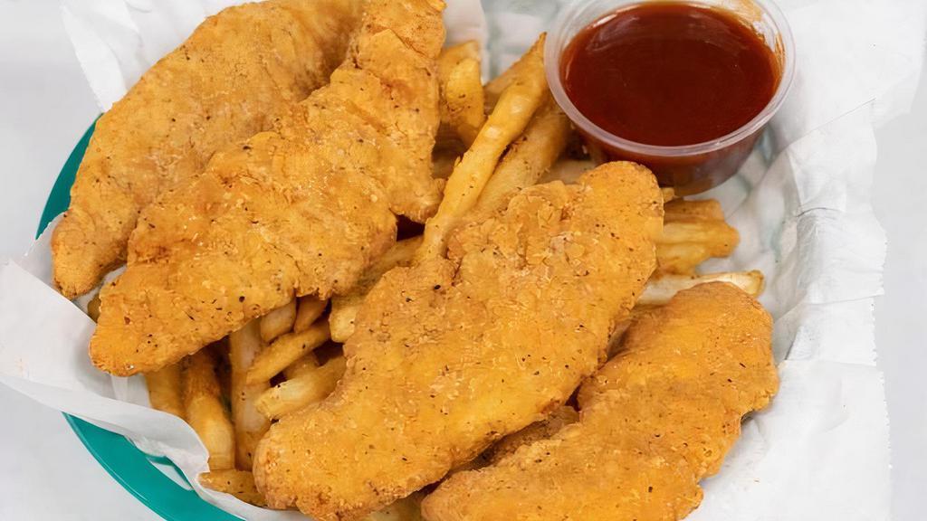 Chicken Tenders Basket · Each selection is made to order and fried to perfection. Served with side of BBQ sauce. Choice of Cajun or Lemon Pepper fries.