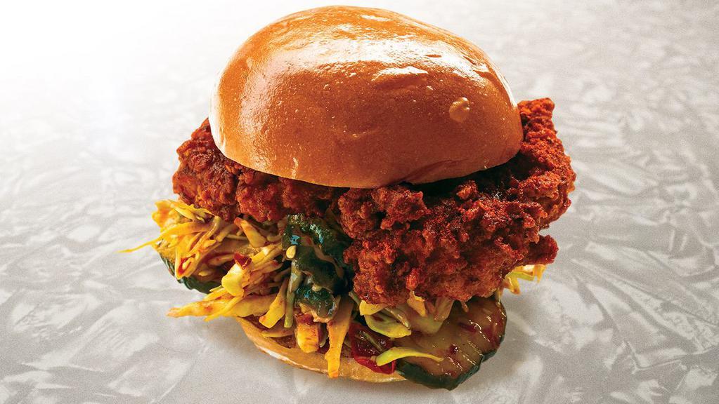 The Hot Chicken · Nashville Hot Chicken
Pickles 
Slaw
Fresh bun